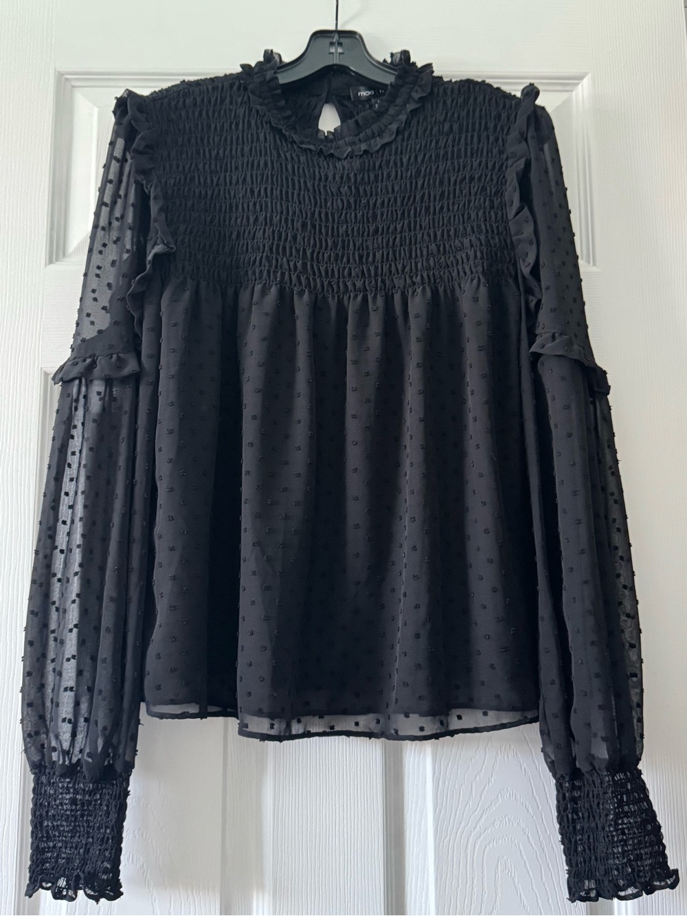 Moa Moa Black Swiss Dot Smocked Yoke Ruffle Blouse
